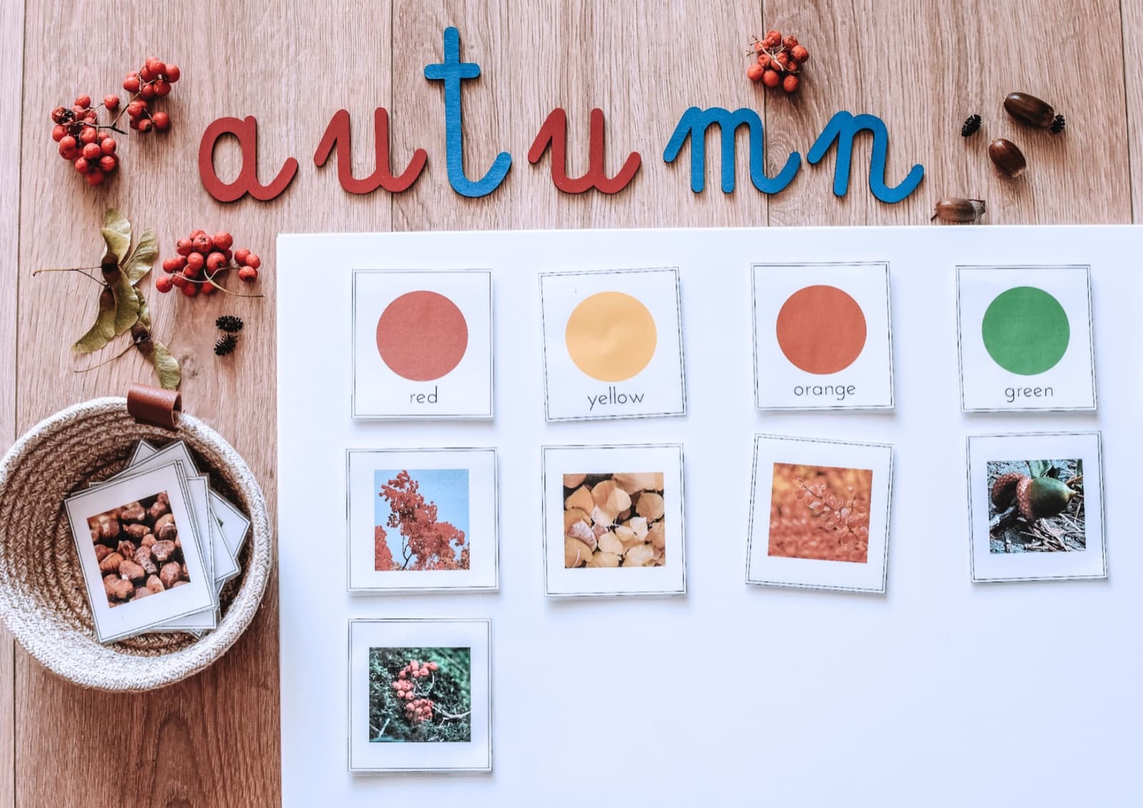 Karty z kolorami po angielsku i jesienne zdjęcia ułożone pod drewnianym napisem autumn
